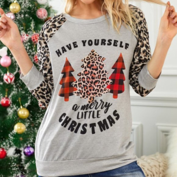 LAST ONE! Christmas Leopard Buffalo Check Long Sleeve Shirt - Picture 2 of 8